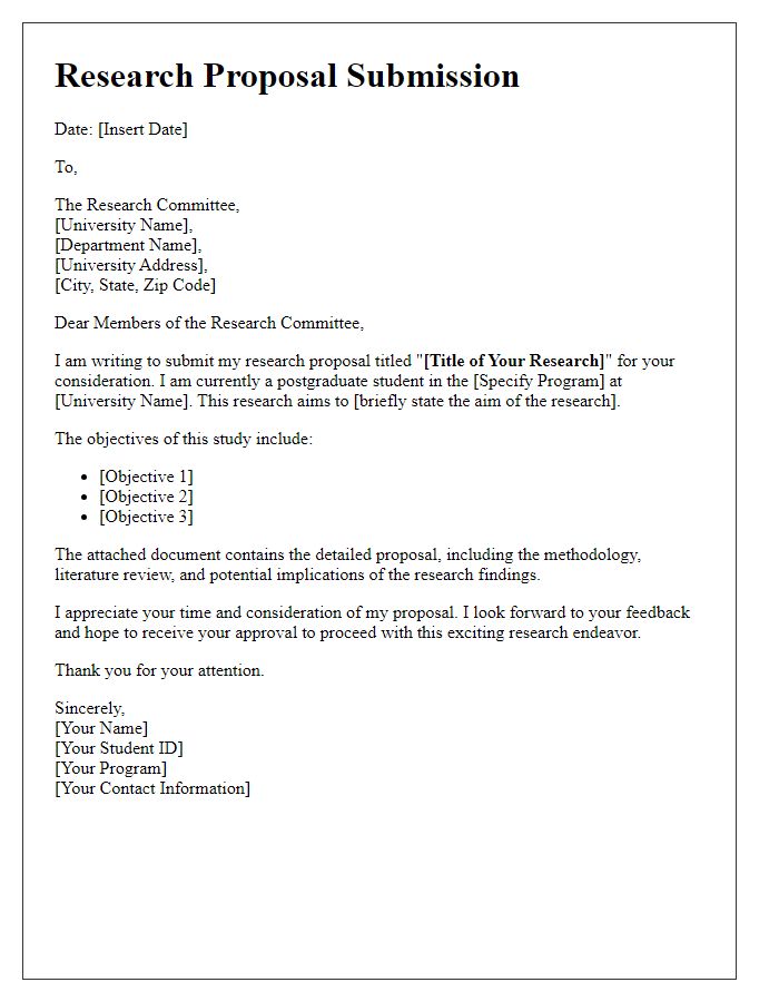 Letter template of postgraduate research proposal submission to a research committee