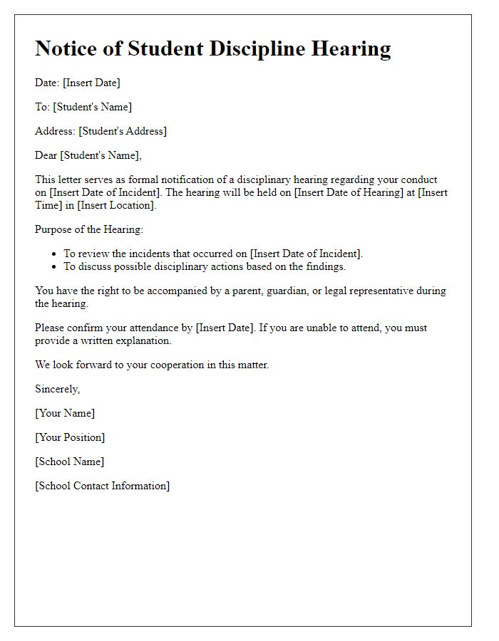 Letter template of Notice for Student Discipline Hearing