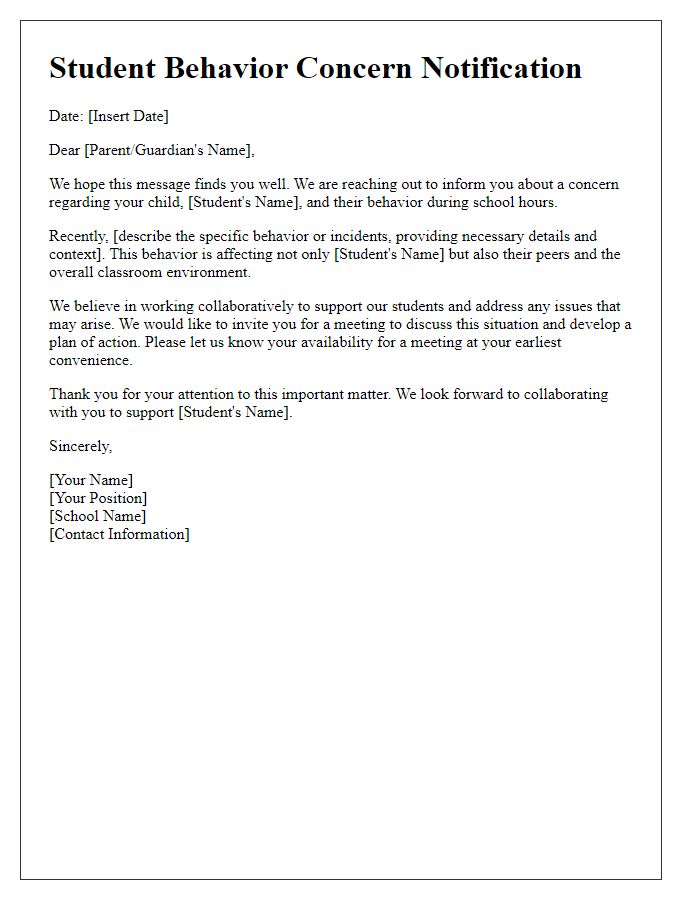 Letter template of Student Behavior Concern Notification