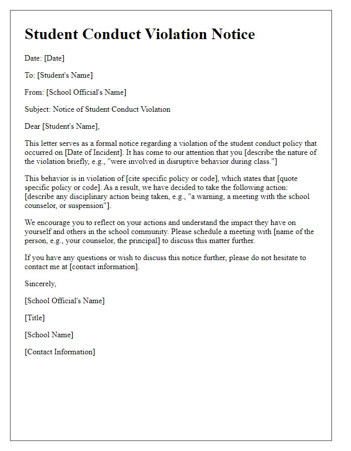 Letter template of Student Conduct Violation Notice