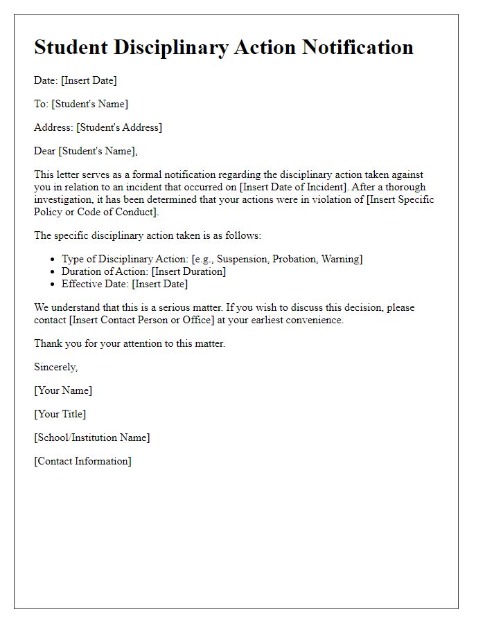 Letter template of Student Disciplinary Action Notification