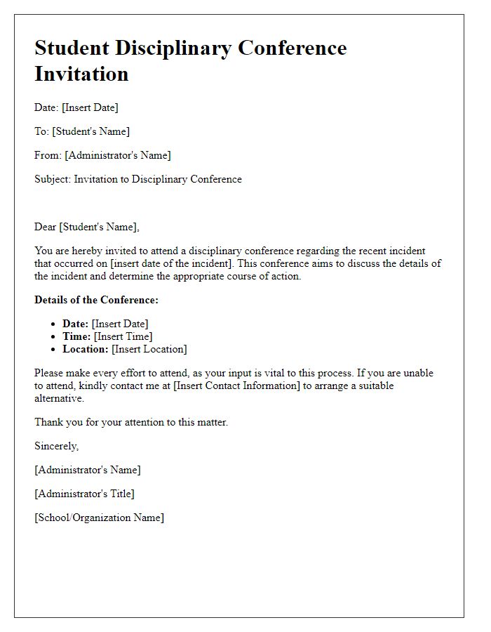 Letter template of Student Disciplinary Conference Invitation