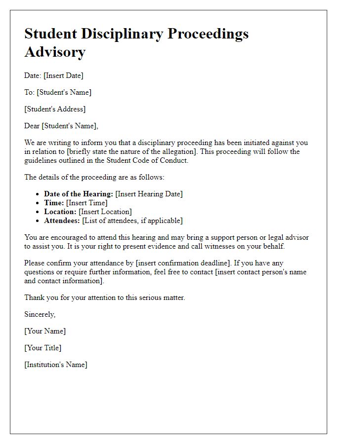 Letter template of Student Disciplinary Proceedings Advisory