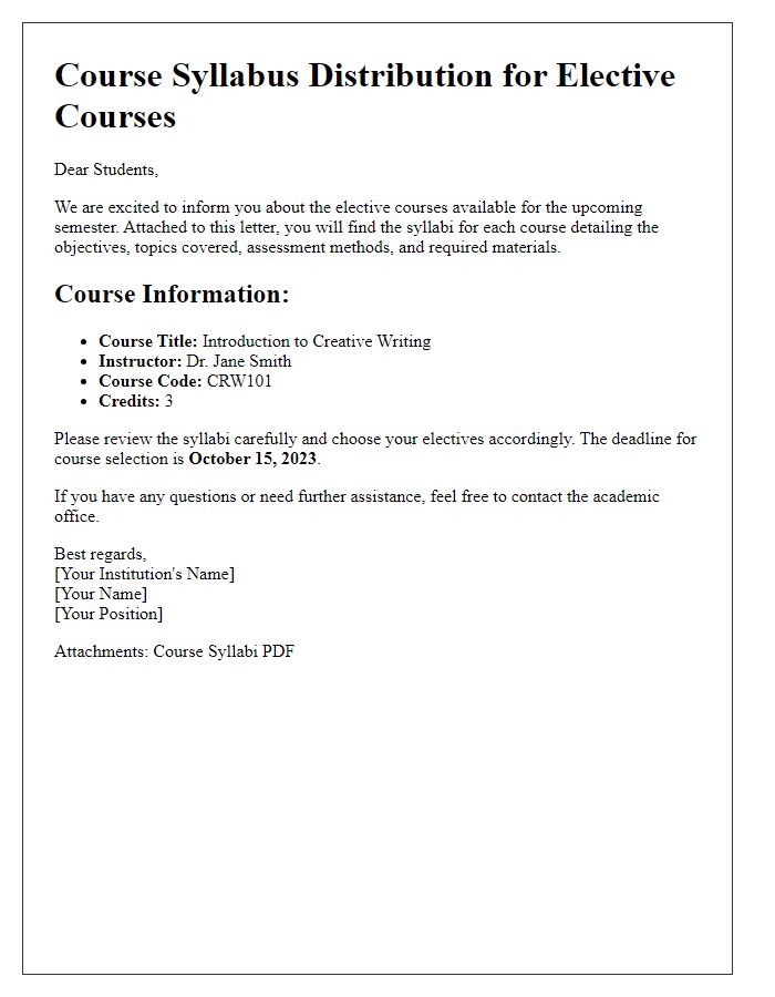 Letter template of course syllabus distribution for elective courses