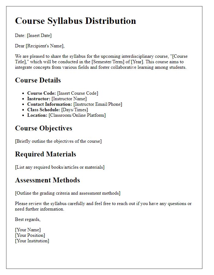 Letter template of course syllabus distribution for interdisciplinary studies