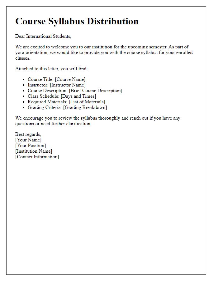 Letter template of course syllabus distribution for international students