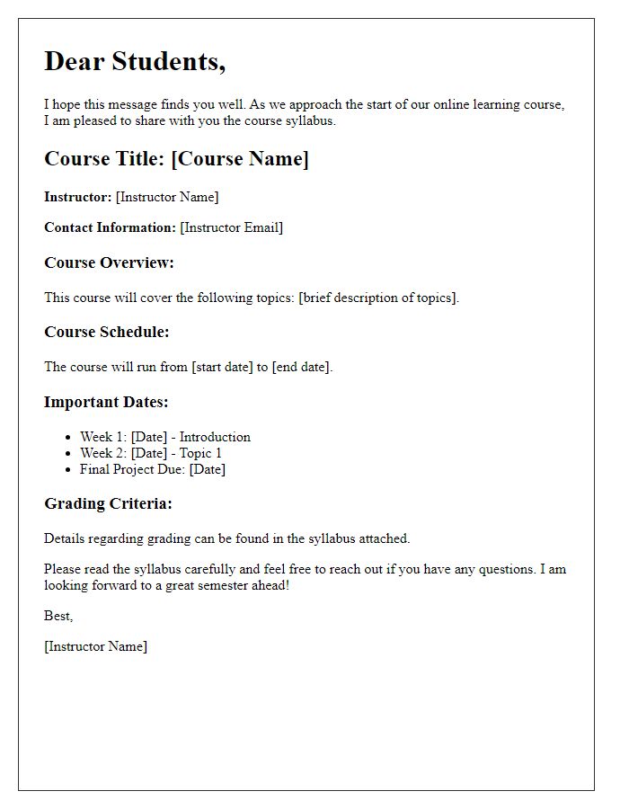 Letter template of course syllabus distribution for online learning courses