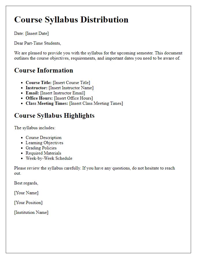 Letter template of course syllabus distribution for part-time students