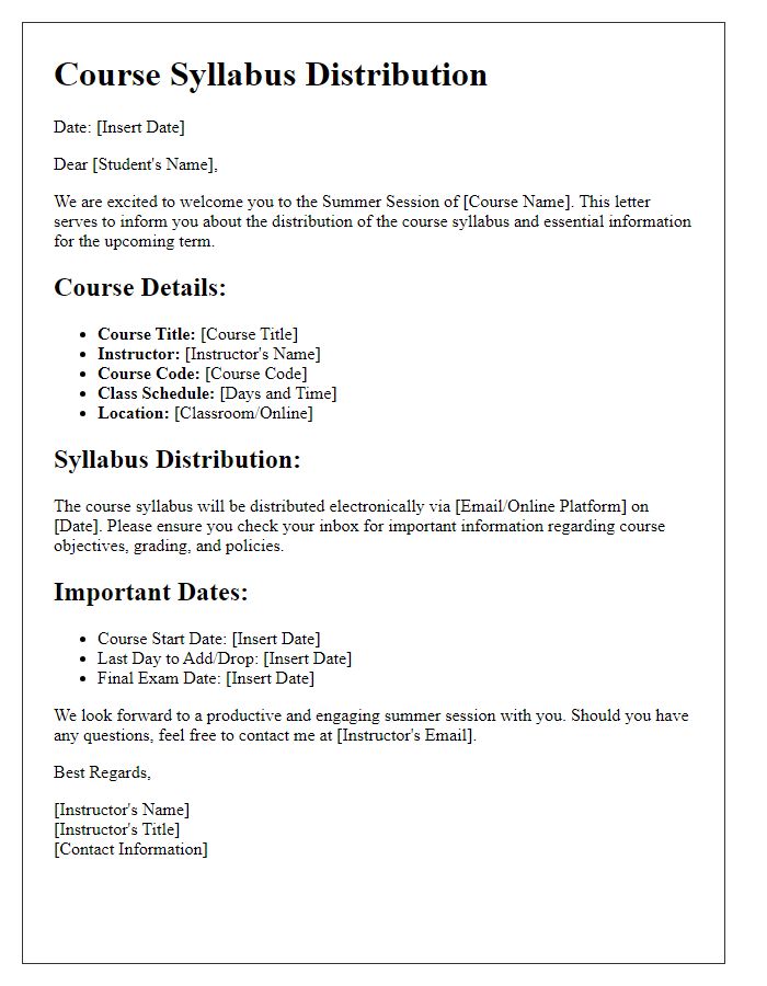 Letter template of course syllabus distribution for summer session classes