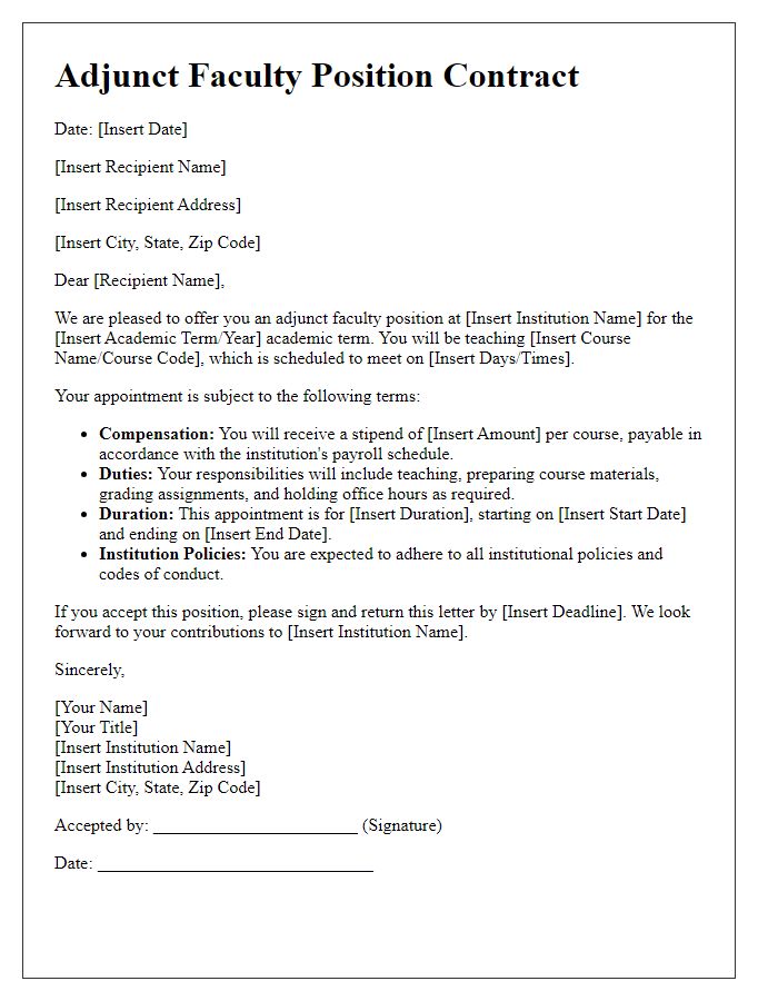 Letter template of adjunct faculty position contract