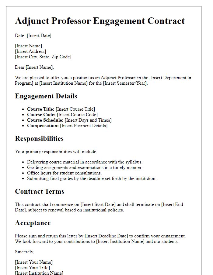 Letter template of adjunct professor engagement contract