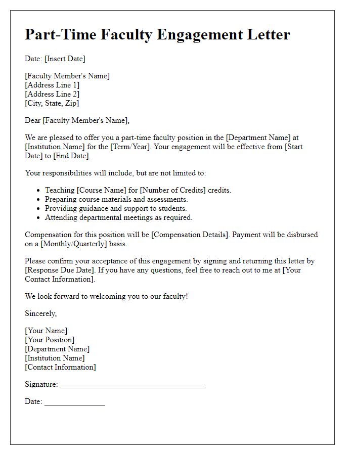 Letter template of part-time faculty engagement letter