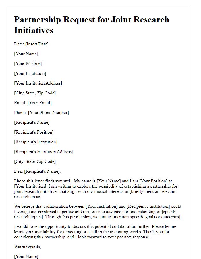 Letter template of partnership request for joint research initiatives