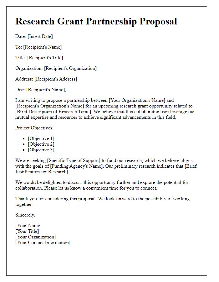 Letter template of research grant partnership proposal