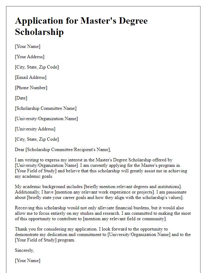 Letter template of application for masters degree scholarship