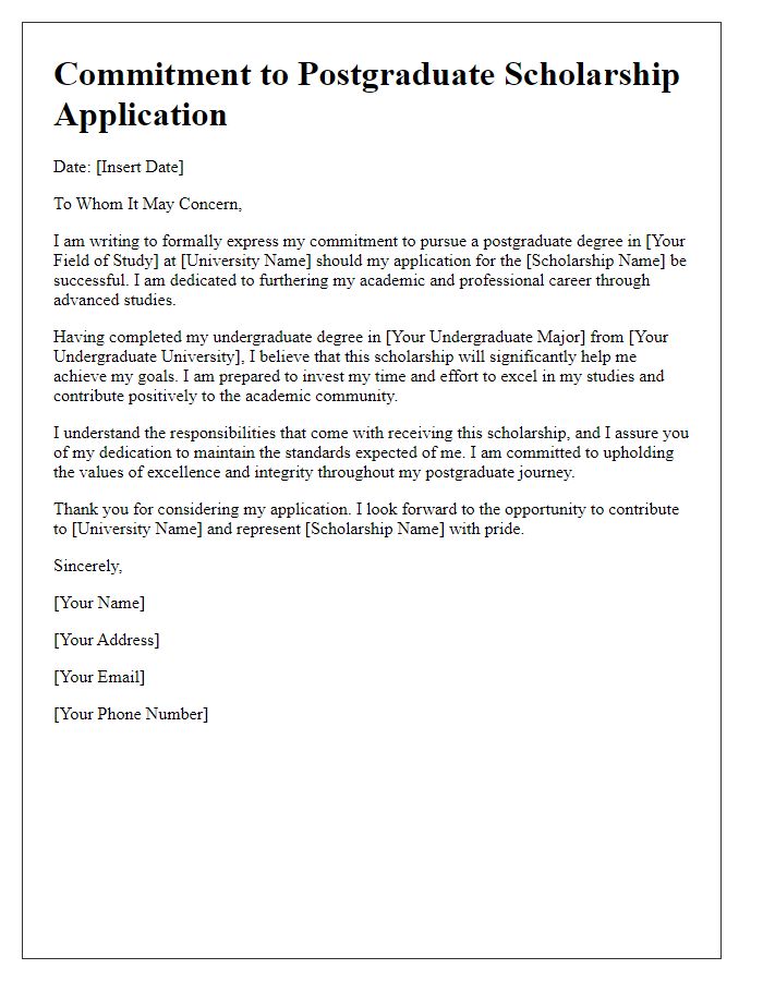 Letter template of commitment to postgraduate scholarship application