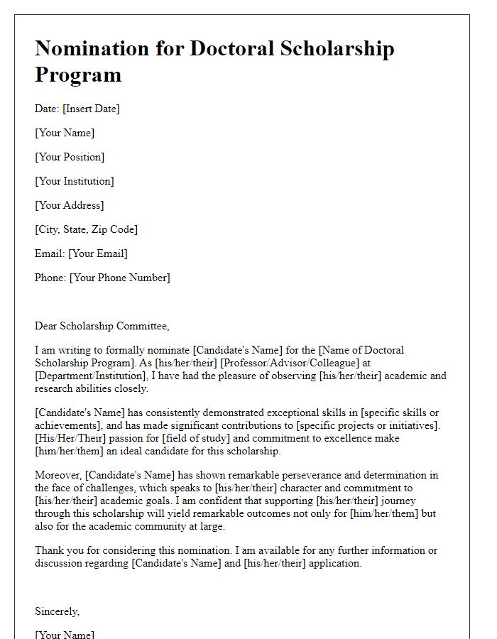 Letter template of nomination for doctoral scholarship program