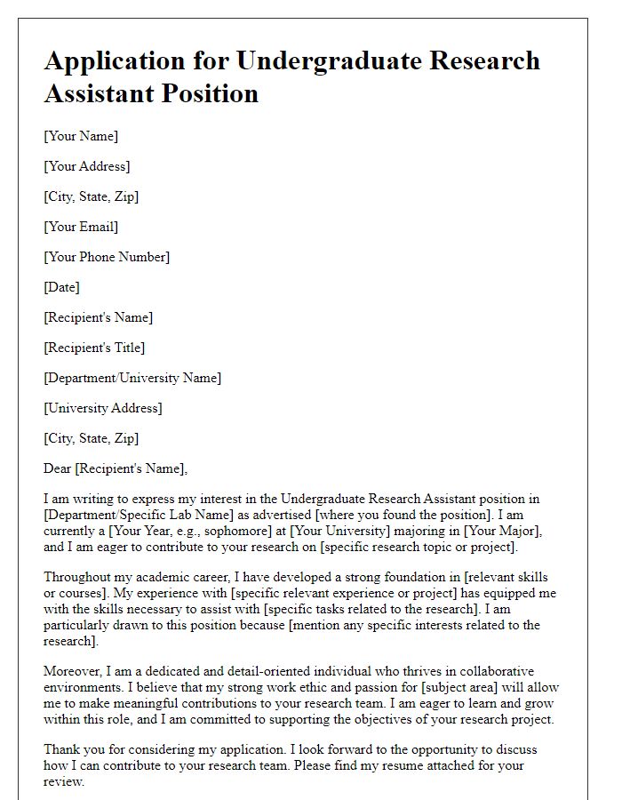 Letter template of undergraduate research assistant application