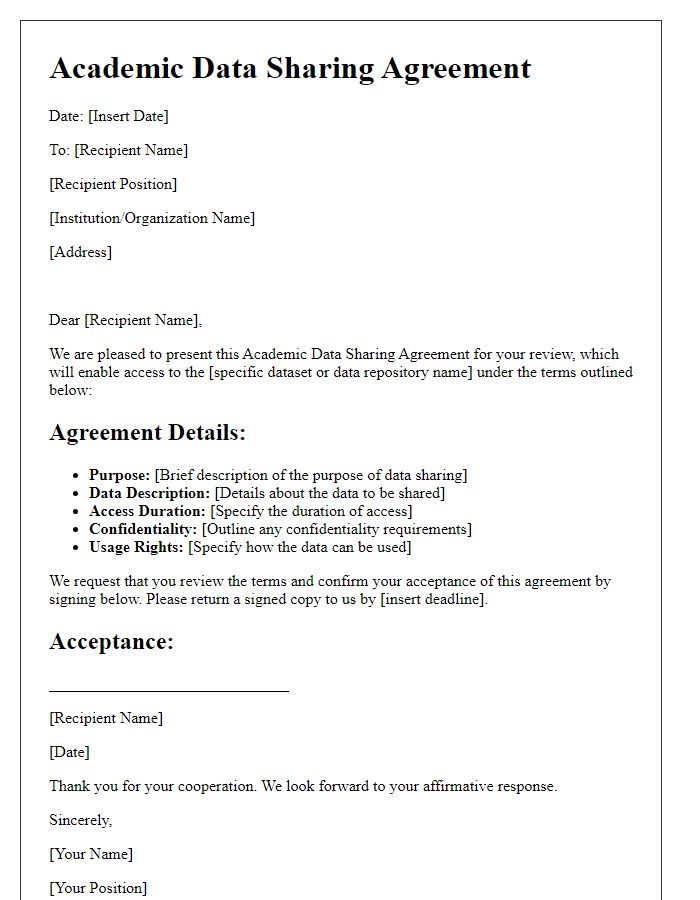 Letter template of Academic Data Sharing Agreement for Data Repository Access