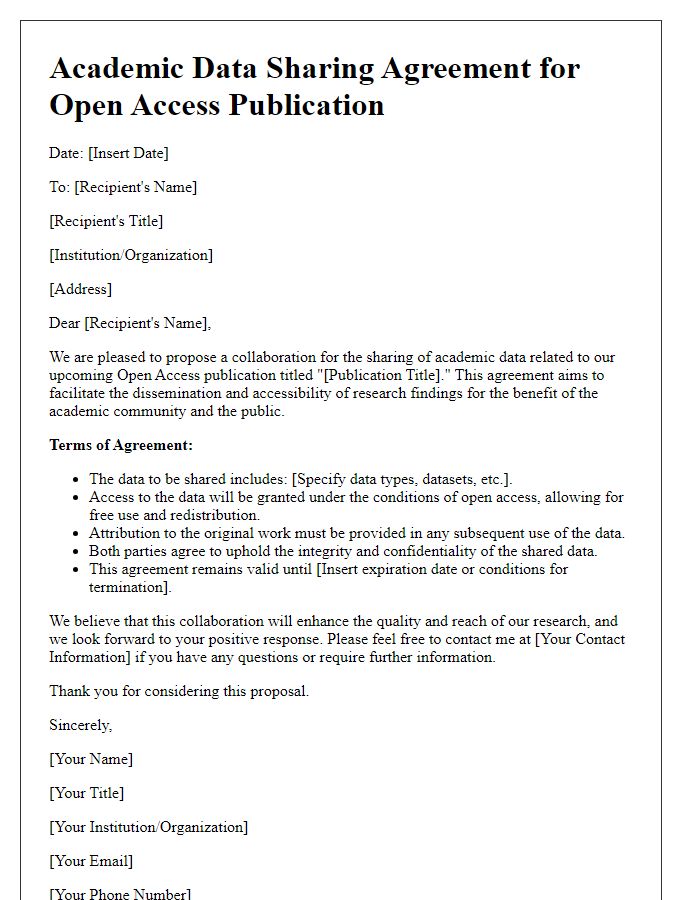 Letter template of Academic Data Sharing Agreement for Open Access Publication