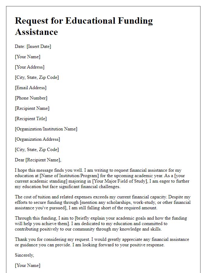 Letter template of educational funding assistance request