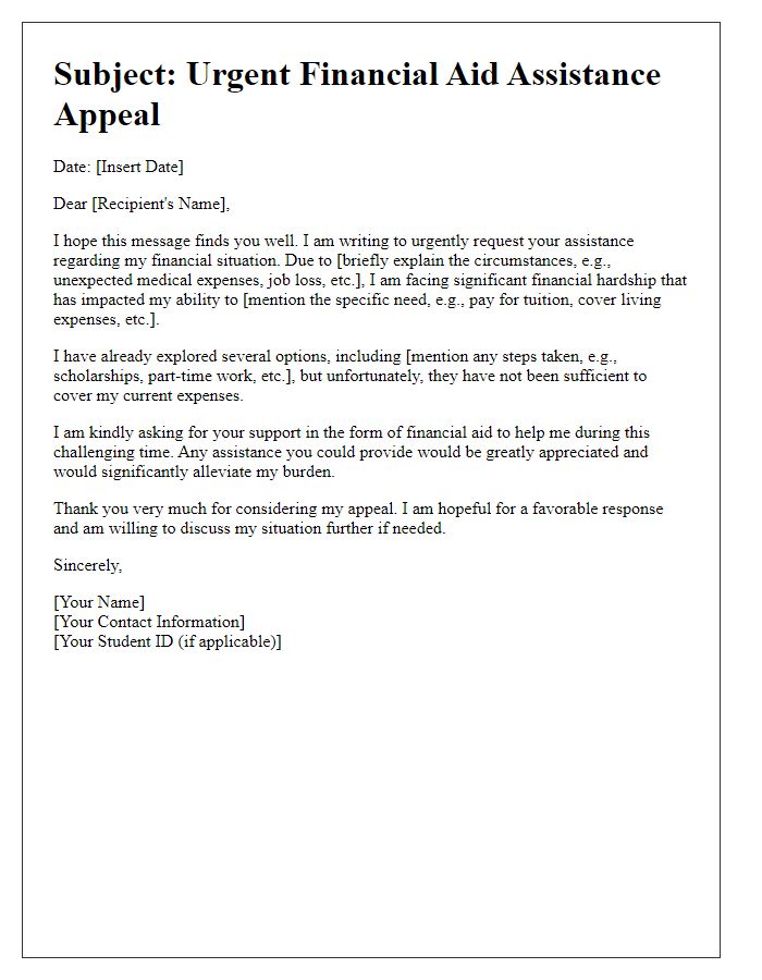 Letter template of urgent financial aid assistance appeal