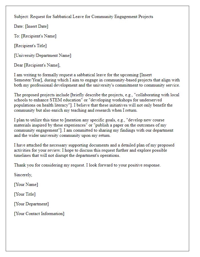 Letter template of faculty sabbatical leave request for community engagement projects.