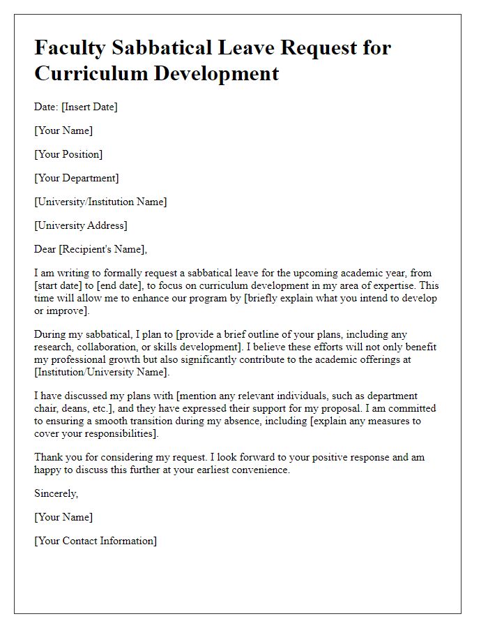 Letter template of faculty sabbatical leave request for curriculum development.