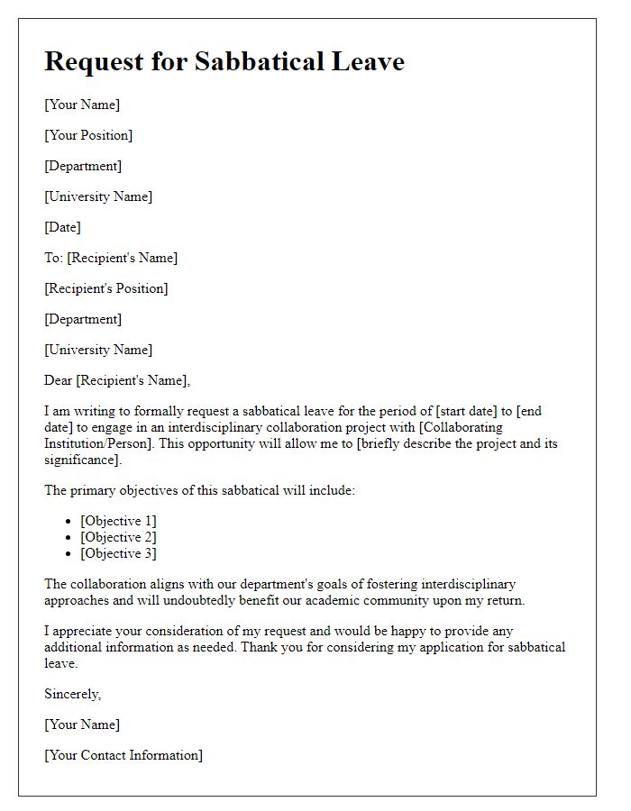 Letter template of faculty sabbatical leave request for interdisciplinary collaboration.