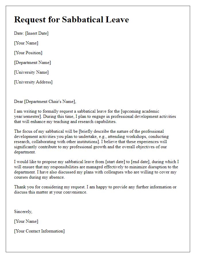 Letter template of faculty sabbatical leave request for professional development.