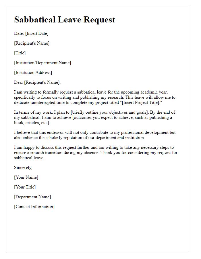 Letter template of faculty sabbatical leave request for writing and publishing.