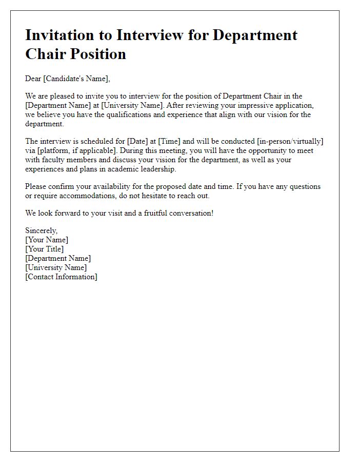 Letter template of academic job interview invitation for a department chair position