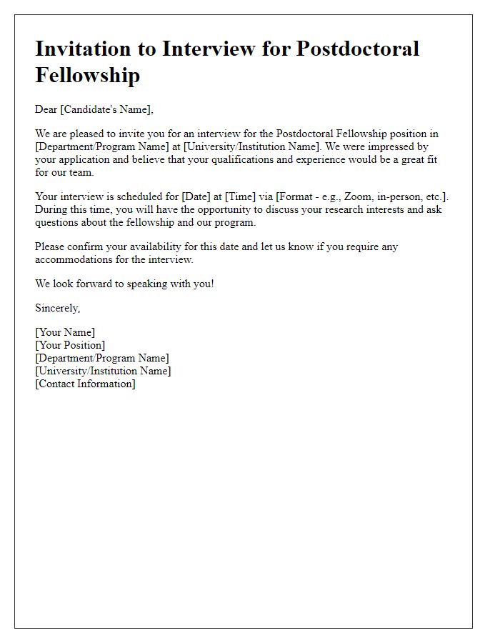 Letter template of academic job interview invitation for a postdoctoral fellowship