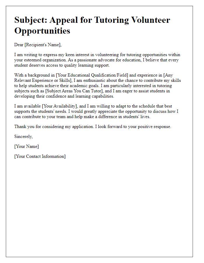 Letter template of appeal for tutoring volunteer opportunities.