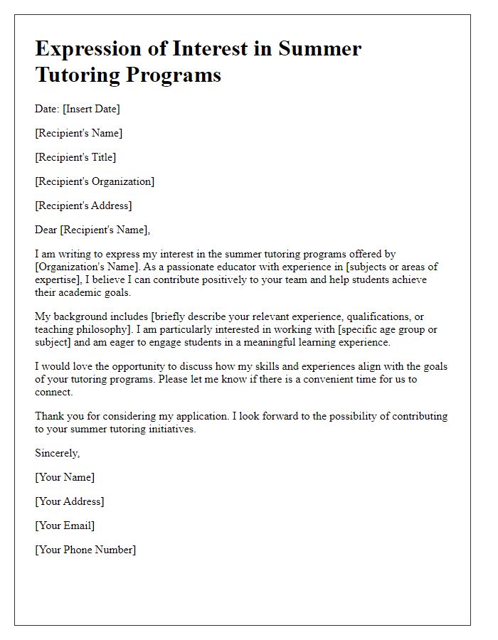 Letter template of expression of interest in summer tutoring programs.