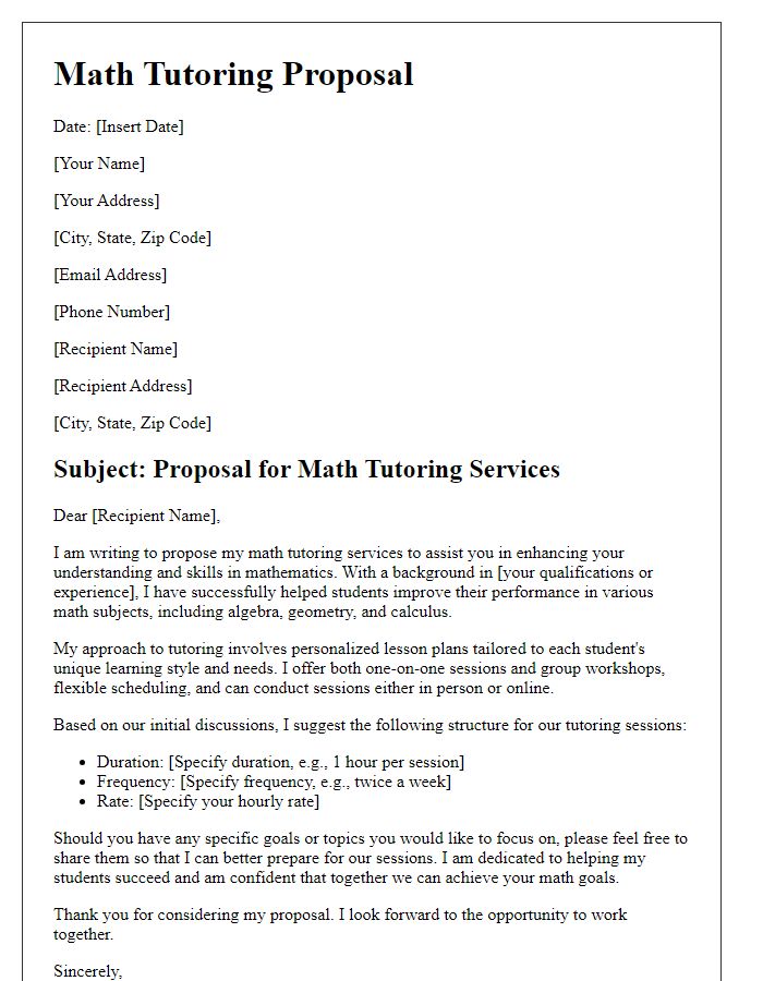 Letter template of proposal for math tutoring engagement.