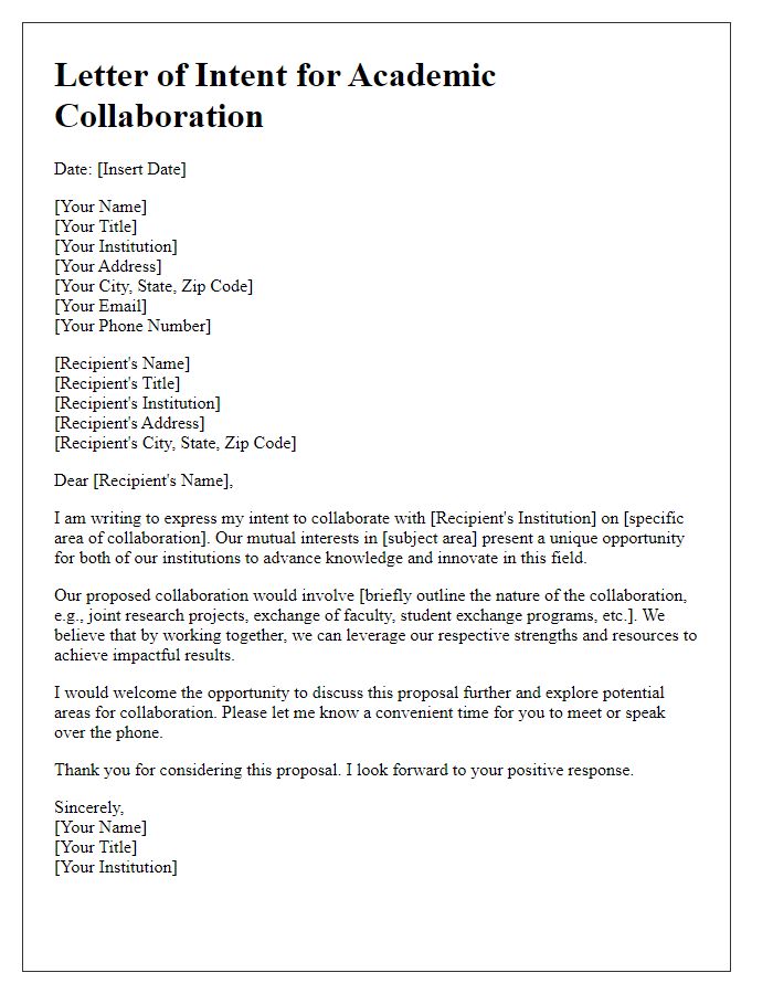 Letter template of intent for academic collaboration