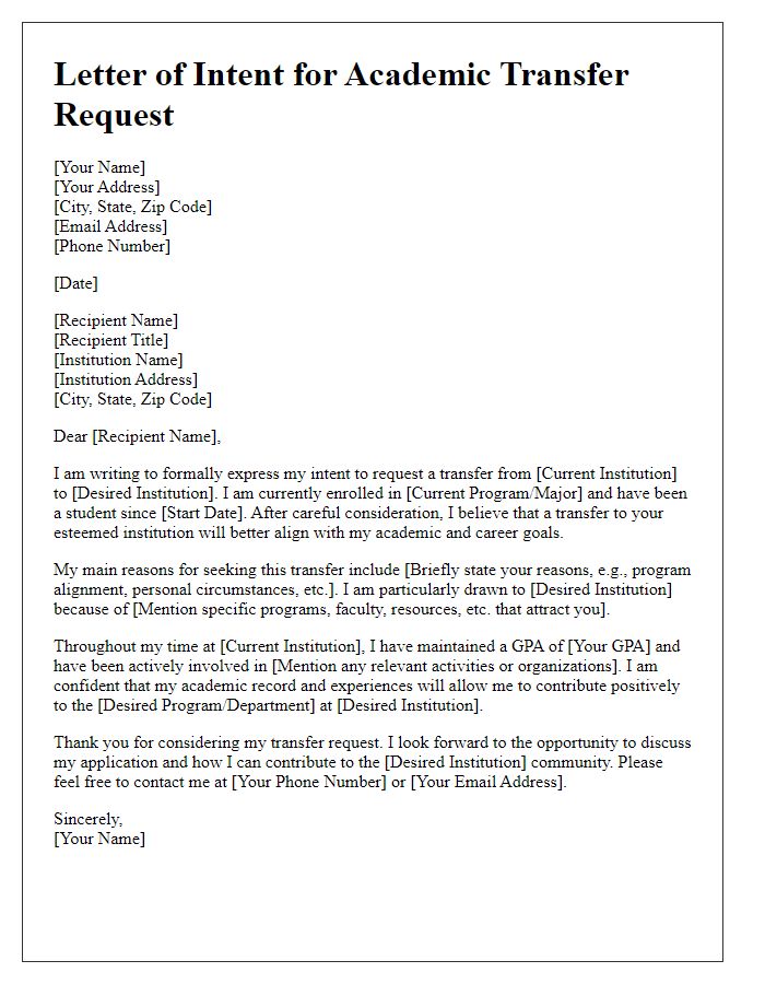 Letter template of intent for academic transfer request