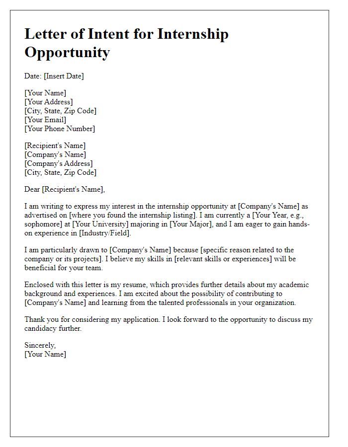 Letter template of intent for internship opportunity