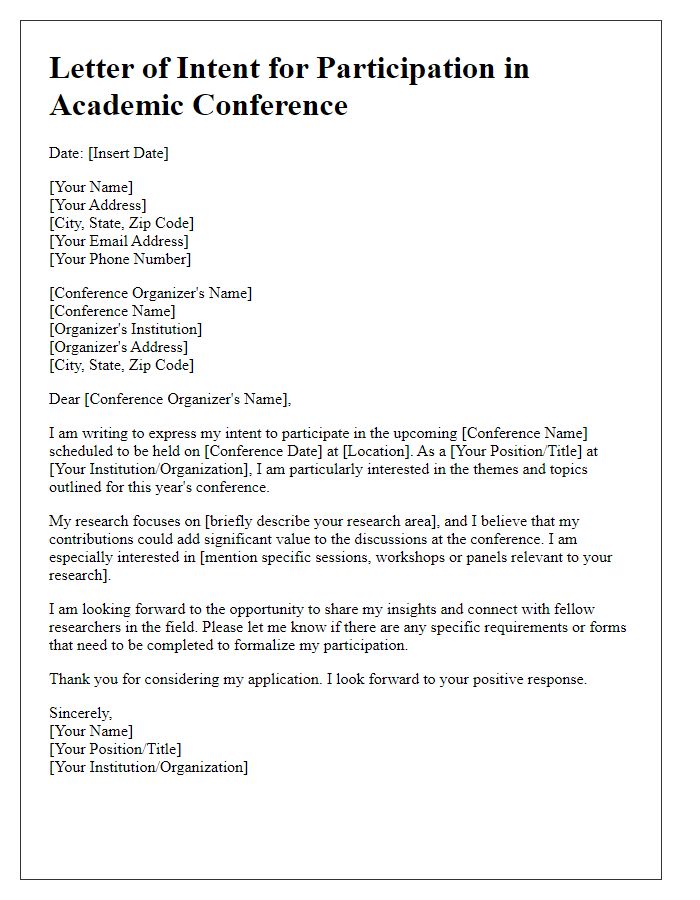 Letter template of intent for participation in academic conferences