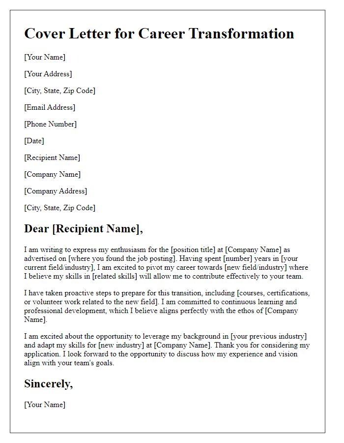 Letter template of motivated career transformation cover letter