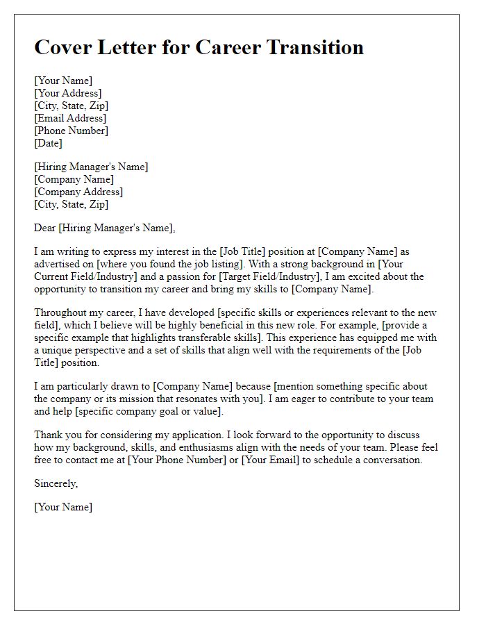 Letter template of sincere career transition cover letter