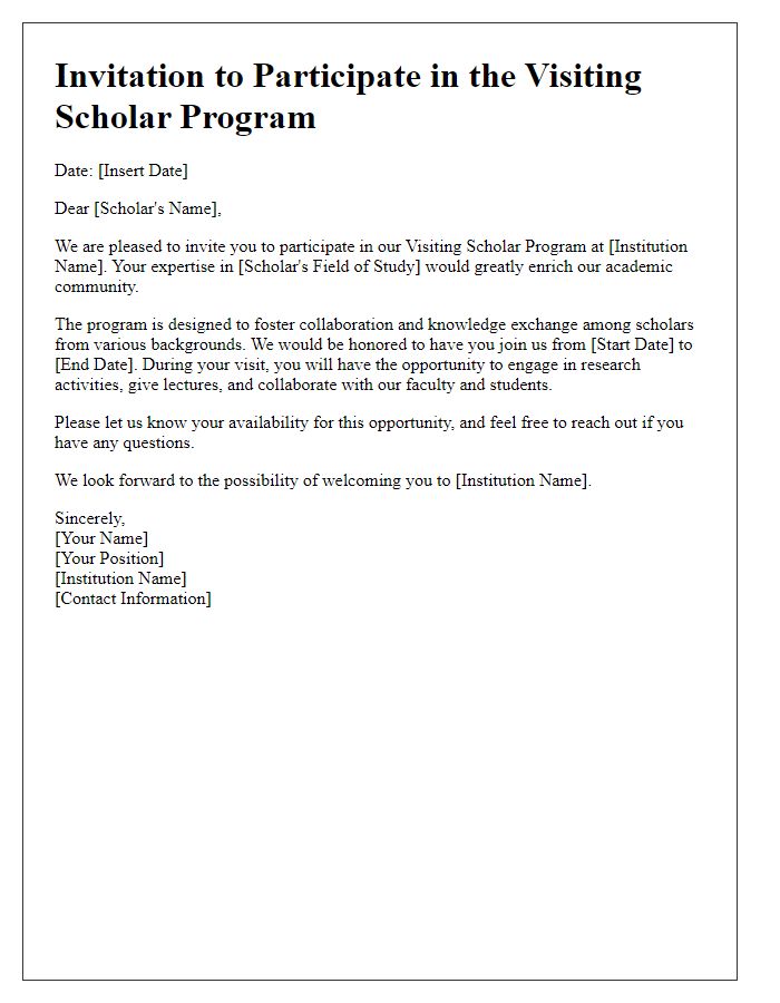 Letter template of invitation for visiting scholar program participation.