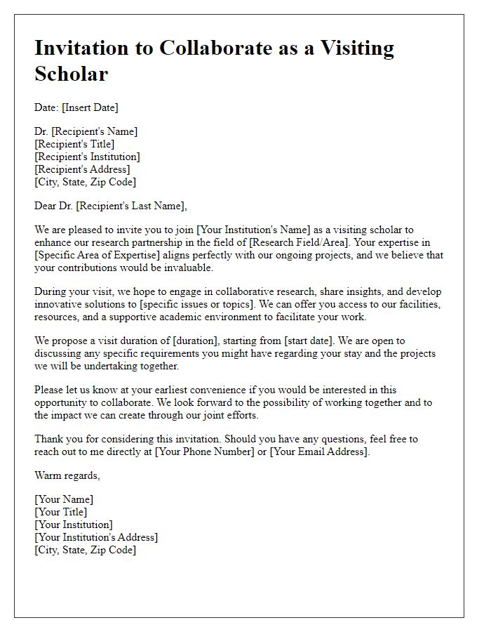 Letter template of visiting scholar invitation for research partnership.