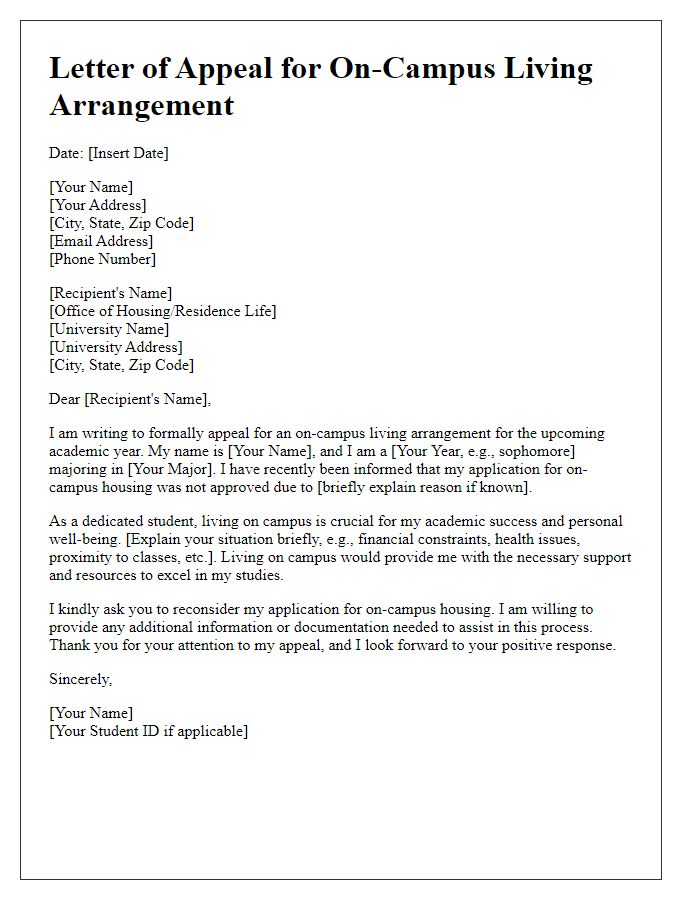 Letter template of appeal for on-campus living arrangement