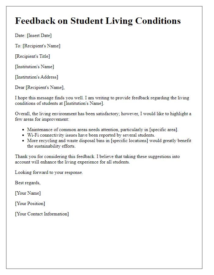 Letter template of feedback on student living conditions