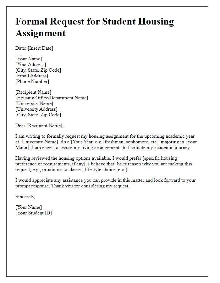 Letter template of formal request for student housing assignment