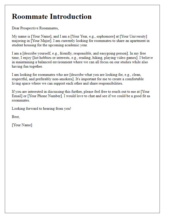 Letter template of introduction for seeking roommates in student housing