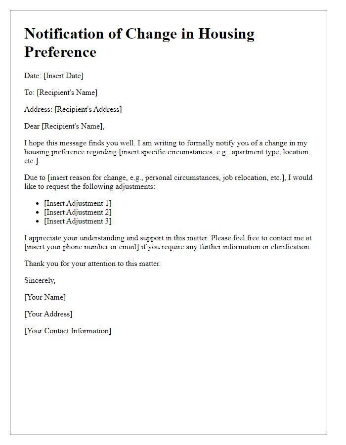 Letter template of notification for change in housing preference