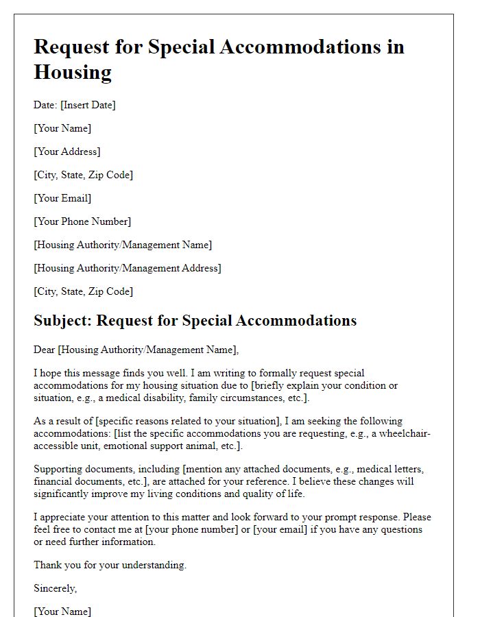 Letter template of request for special accommodations in housing